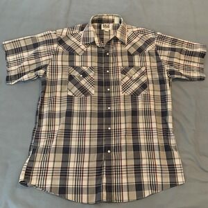 Ely Cattleman Shirt Mens Large Blue Gray Plaid Western Pearl Snap Short Sleeve